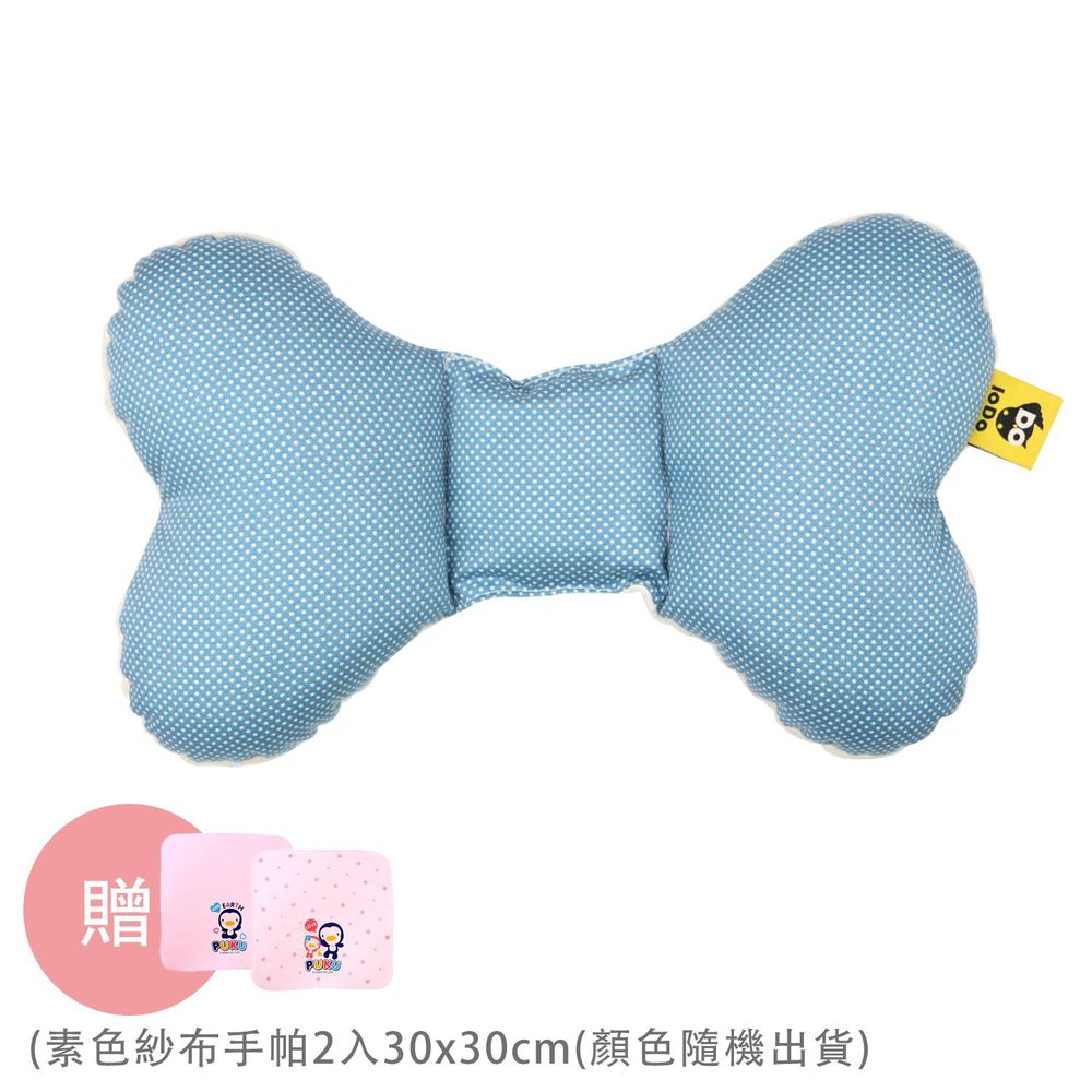 PUKU 藍色企鵝 - LoDo 樂豆枕/護頸枕-藍點點(象牙白)-買贈紗布手帕-顏色隨機出貨x2條入