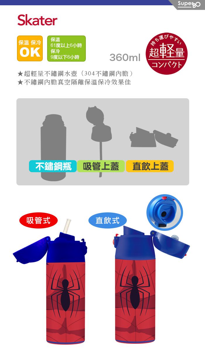 日本 SKATER - 不鏽鋼瓶(360ml)【送】吸管型上蓋-蜘蛛人