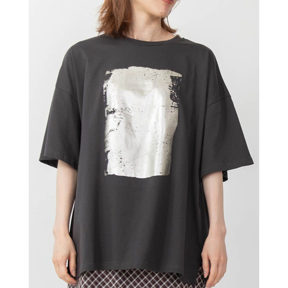 燙金光澤廓形寬版天竺棉短袖T恤-銀x炭灰