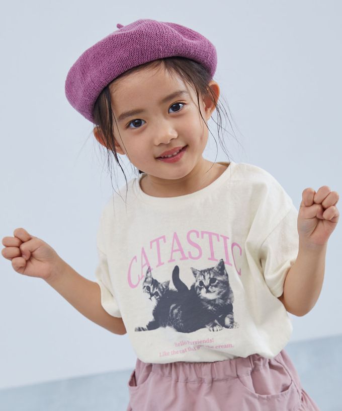 日本 devirock - 100%棉 可愛女孩印花短袖上衣-貓咪-藍紫