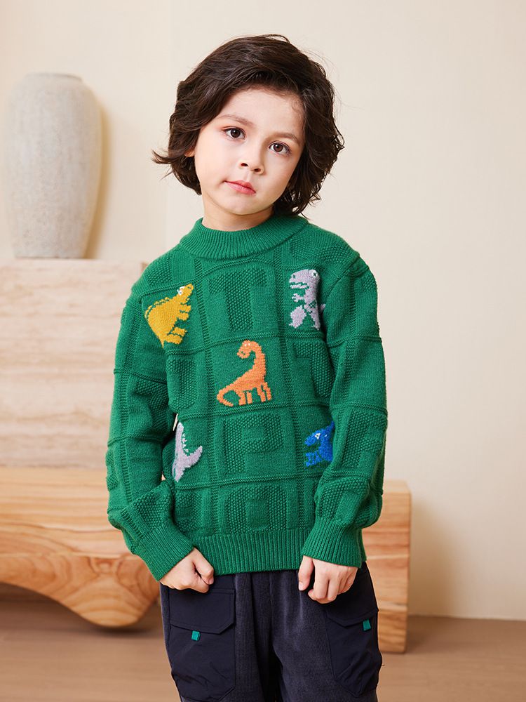 圓領保暖針織長袖上衣/毛衣-英文字恐龍-橘色