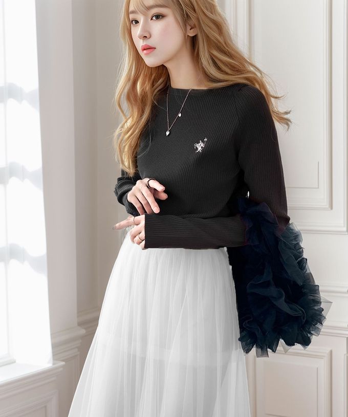 日本 Classical Elf - [必收]logo刺繡羅紋百搭長袖上衣-灰棕