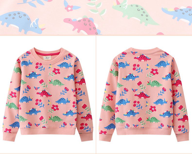 Jumping meters - 棉質圓領長袖上衣/大學T-花花恐龍-粉色