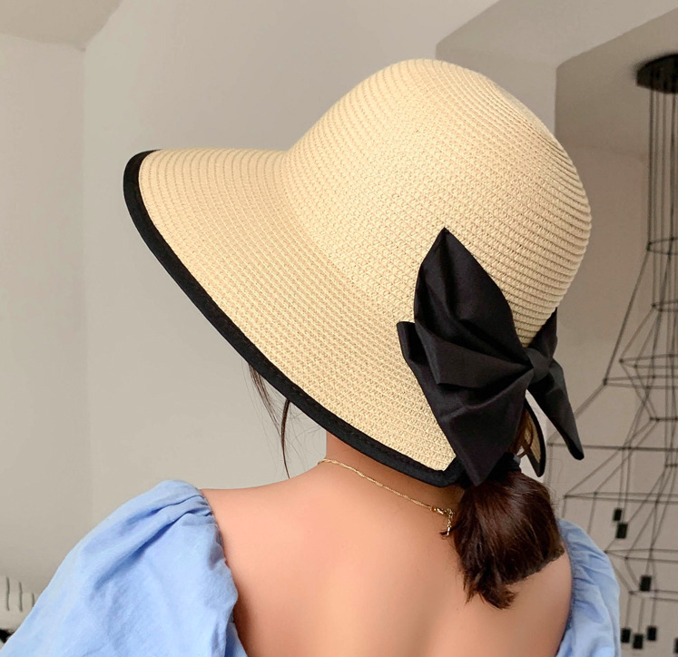 撞色黑邊防曬遮陽草帽-黑色 (56-58cm)