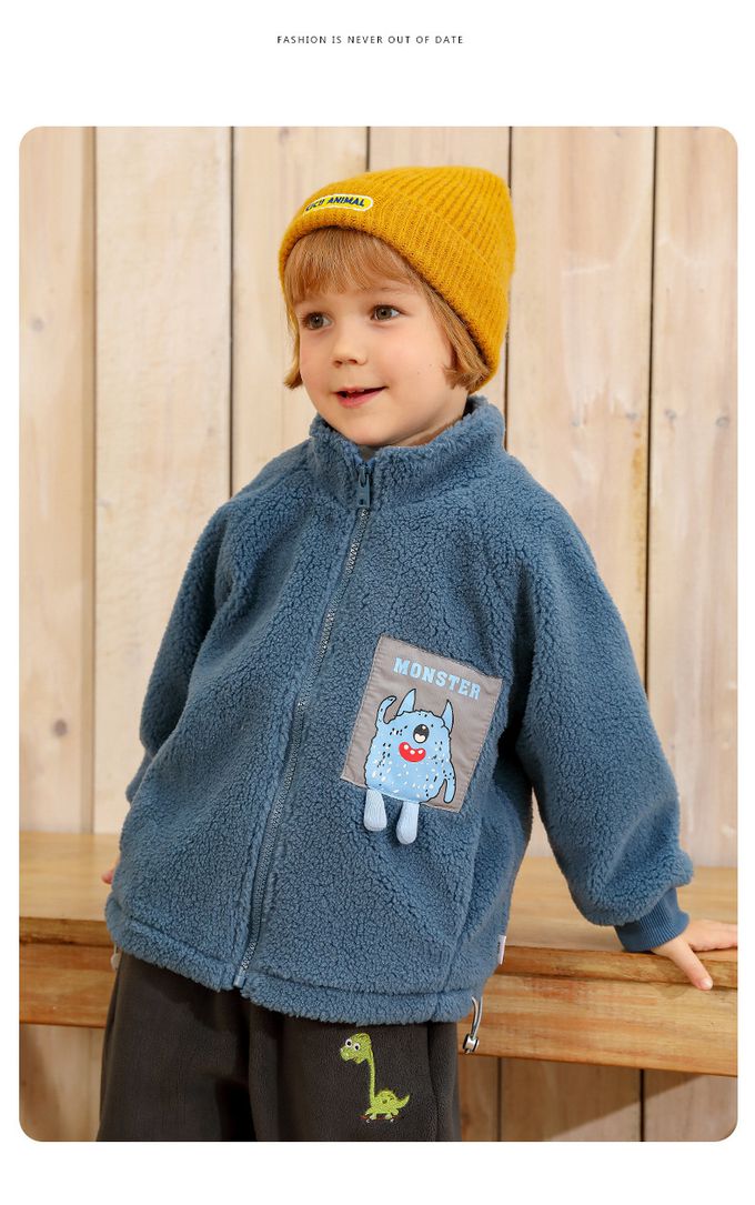 保暖立領羊羔絨外套-小怪物-深藍灰色