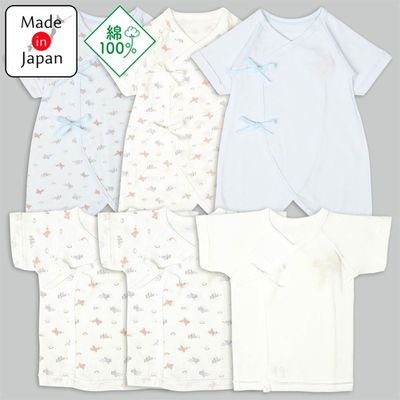 akachan honpo - 新生兒內衣6件組綁帶款-短袖、7分袖-淺藍色 (50~60cm)-日本製