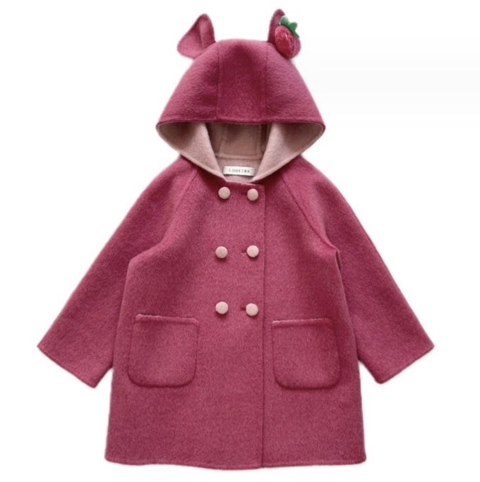 love, charlotte - 厚毛呢連帽草莓熊造型中長版外套-樹莓色
