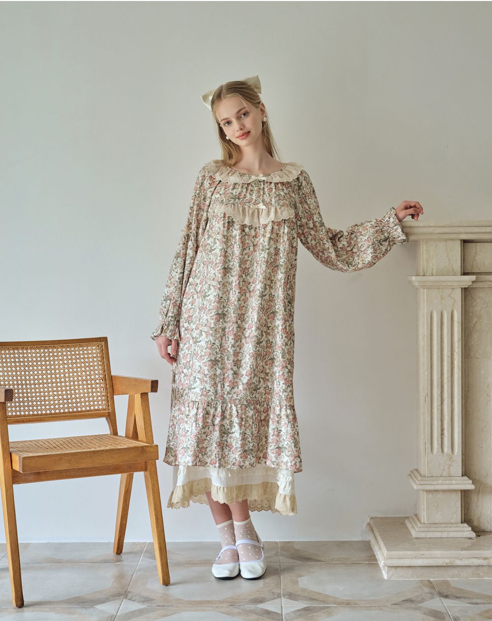 韓國 ULLALA - 絕美公主純棉長袖睡衣-(洋裝式)-奶油色 (FREE)