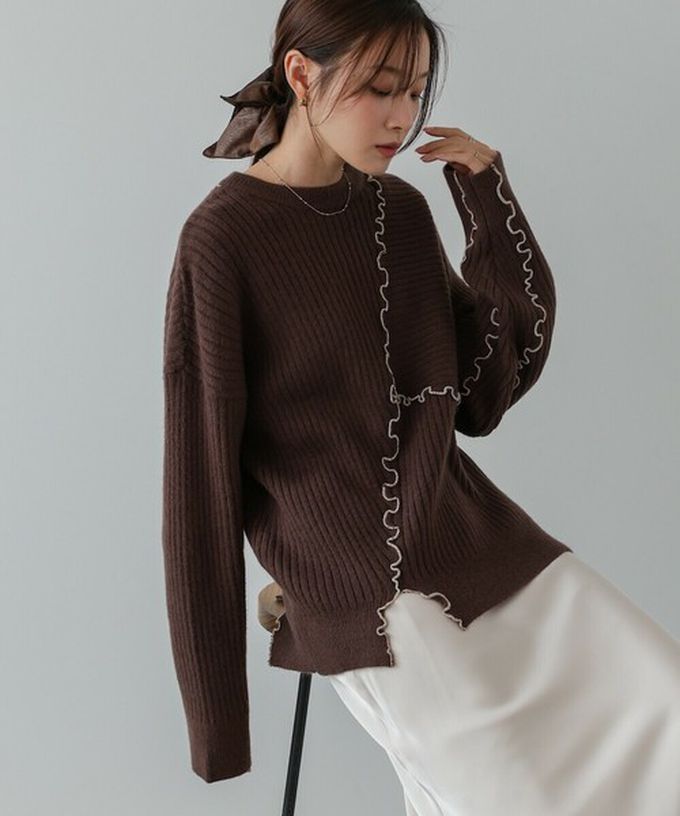 日本 Bab - 柔美曲線點綴寬鬆感針織上衣-灰藍