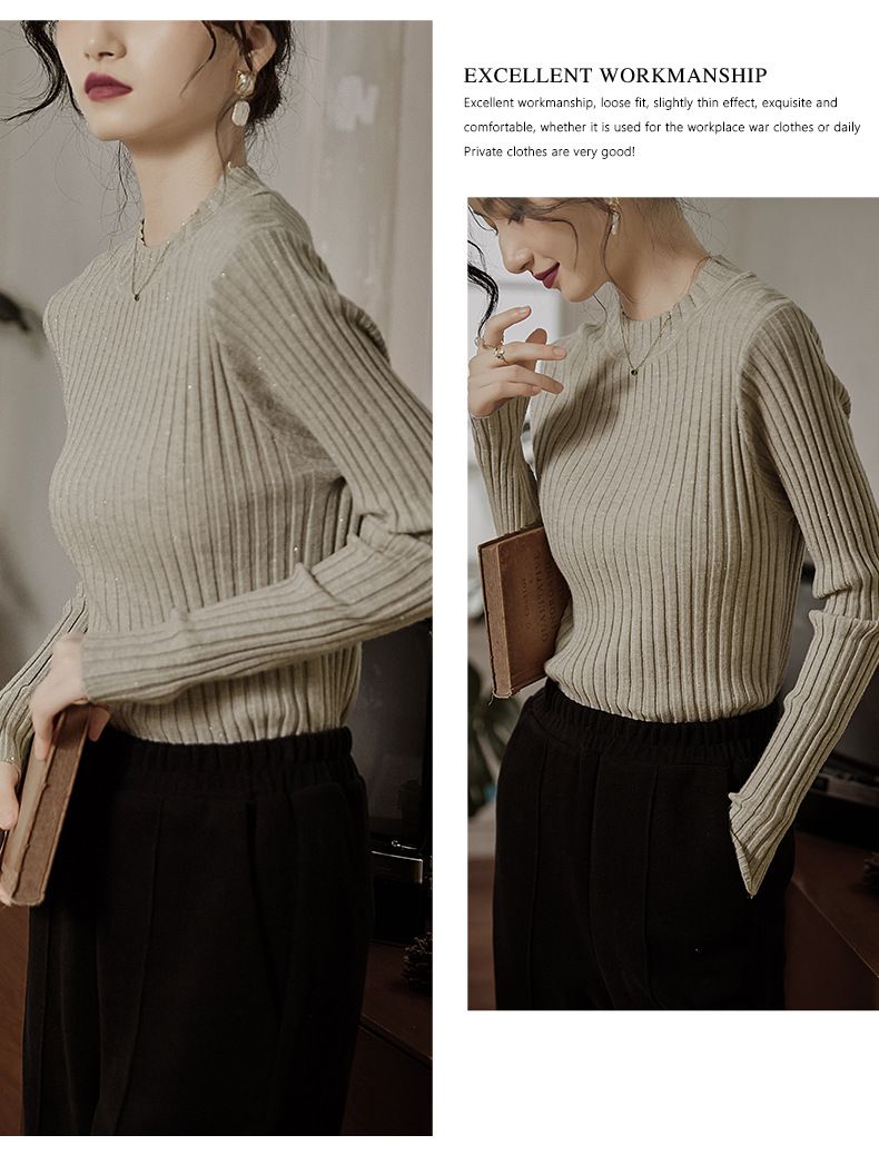 優雅百搭坑條修身針織上衣-燕麥色