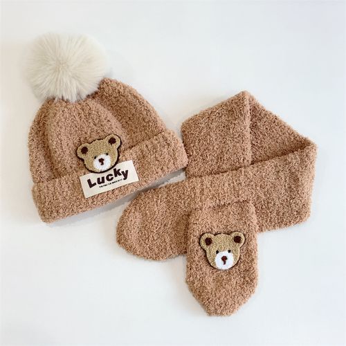 Love, Charlotte - 焦糖色小熊珊瑚絨保暖毛球帽配圍巾套組 (頭圍:46~50cm (建議年齡:1+))