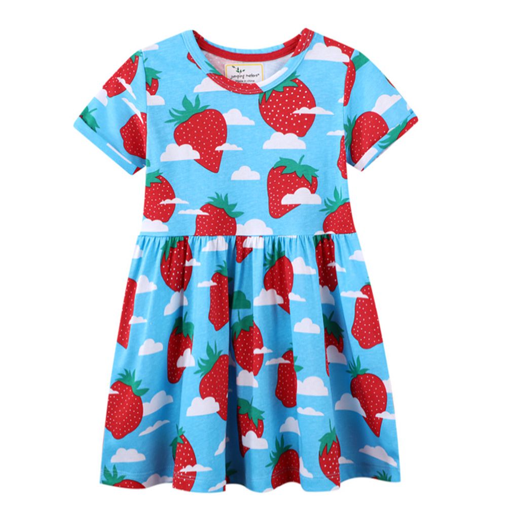 Jumping meters - 棉質圓領短袖洋裝-草莓雲朵-藍色