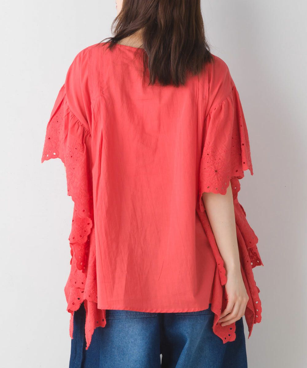 日本女裝代購 - 文藝刺繡大波浪寬鬆短袖上衣-經典黑