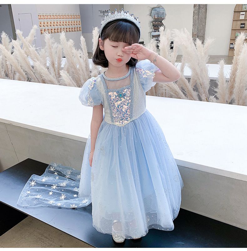 (不含披風)公主亮片短袖網紗洋裝-夢幻藍