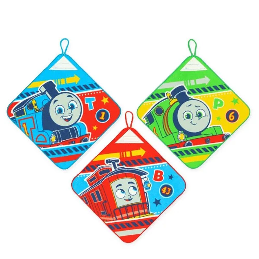 純棉可吊掛上學擦手巾/手帕(3入組)-卡通人物小火車-藍綠紅 (27×27cm)