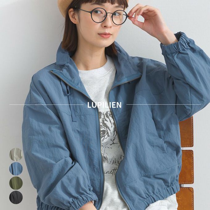 日本 Lupilien - 輕盈俏麗特色領尼龍短版薄外套-軍綠