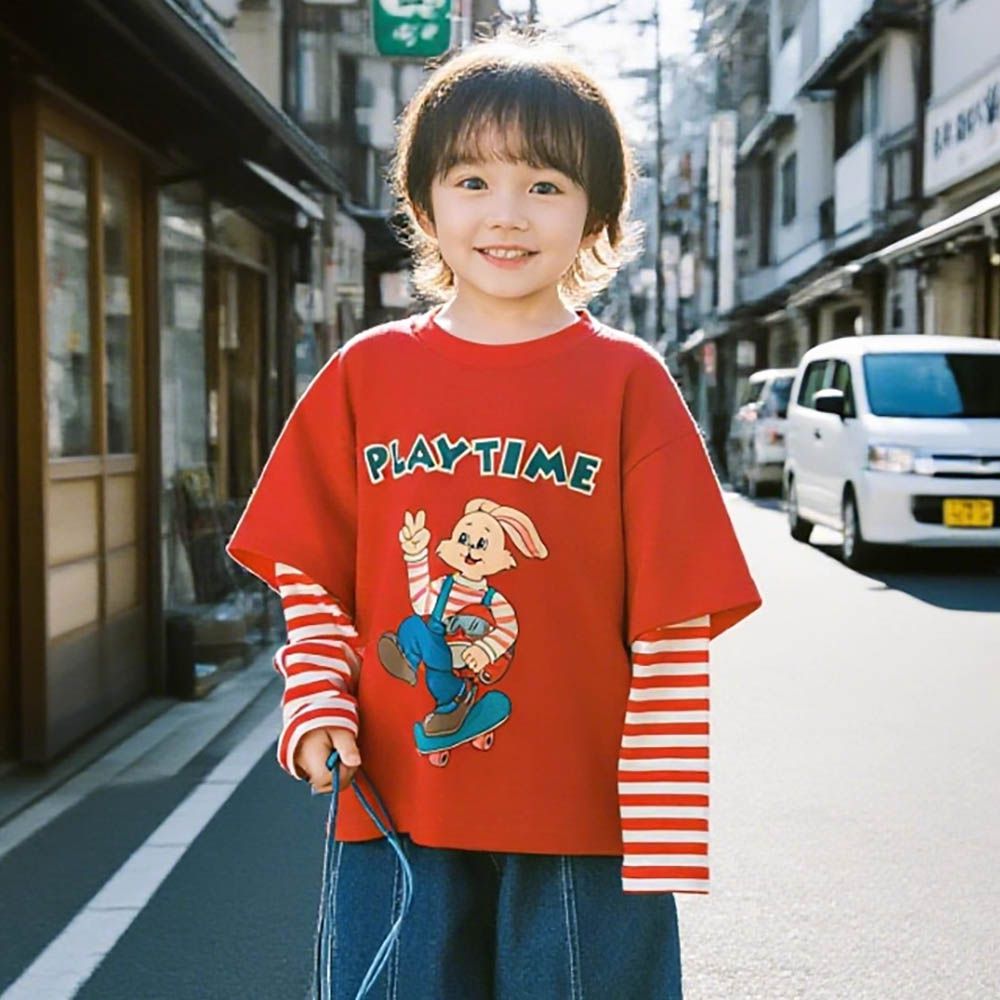 圓領假兩件長袖上衣-玩樂時間-紅色