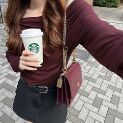 日本 GRL - 明星著用款！皺褶美肩長袖上衣-酒紅 (F)