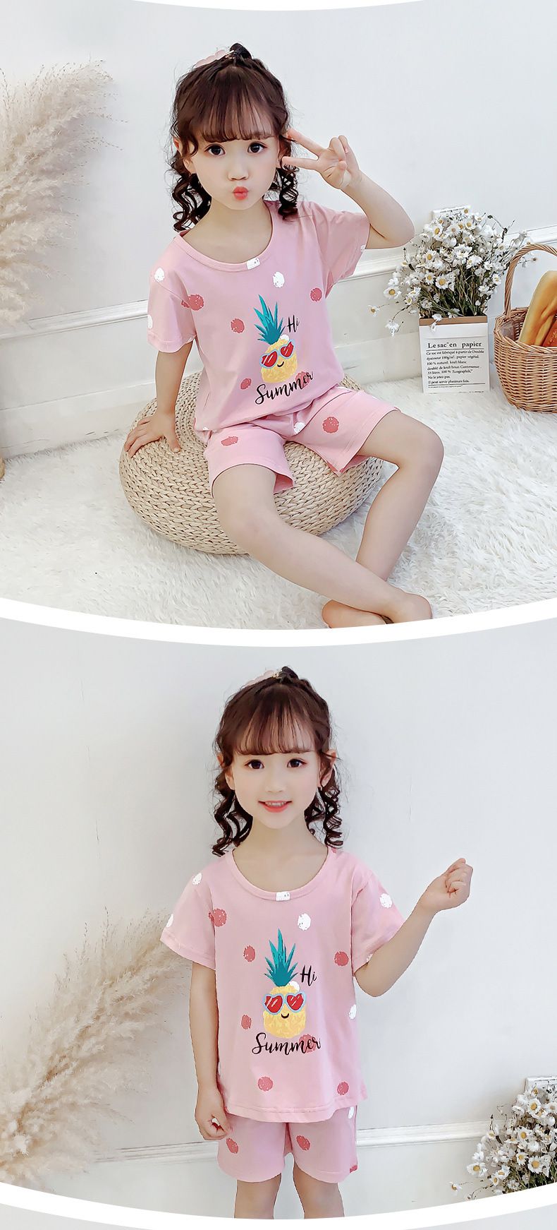 純棉兒童短袖家居服套裝-小女孩-白色