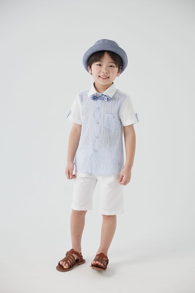 韓國 Coco Bang - 經典拼色壓紋翻領短袖襯衫-水藍