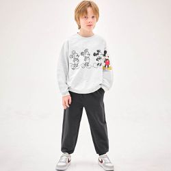 韓國 Jelispoon - (聯名款)素描卡通人物米奇長袖套裝-淺灰X墨灰