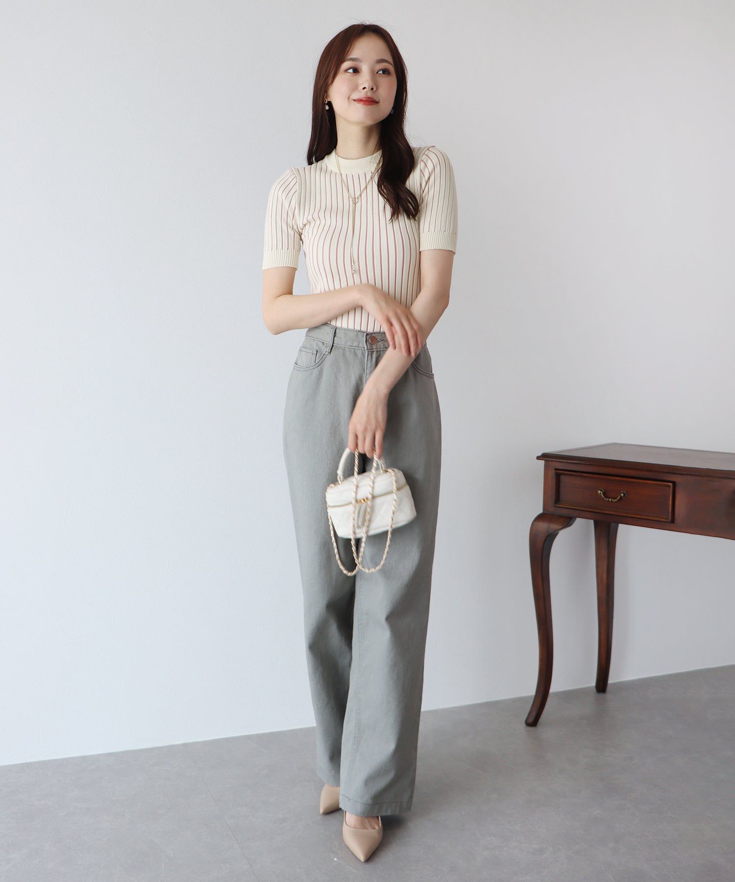 日本 BLUE EAST - 彈性寬羅紋薄針織短袖上衣-淺粉x白