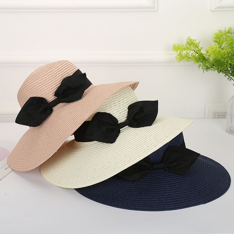 加大帽沿遮陽草帽-大蝴蝶結-奶白