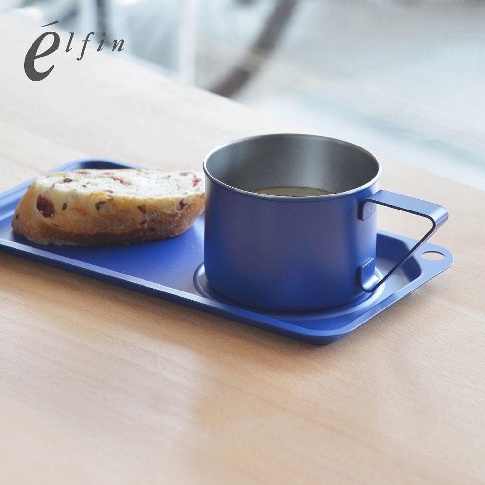 日本高桑 elfin - 日製輕食刻杯盤2件組(輕鋁餐盤+18-8不銹鋼馬克杯)-海軍藍