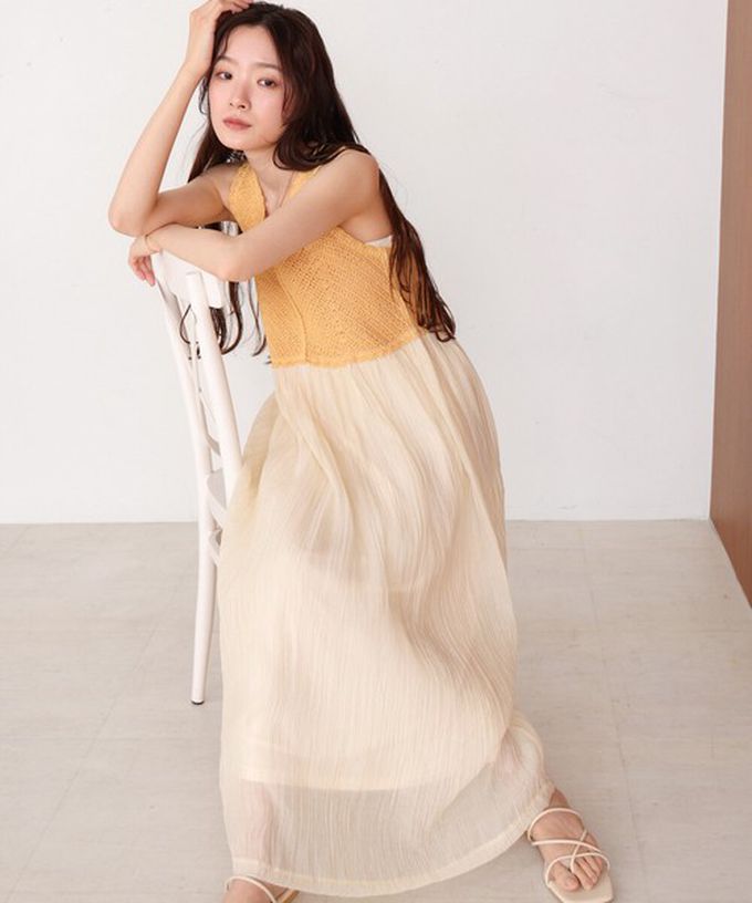 日本 Bab - 夏日氛圍鉤針縐紗背心裙-摩卡