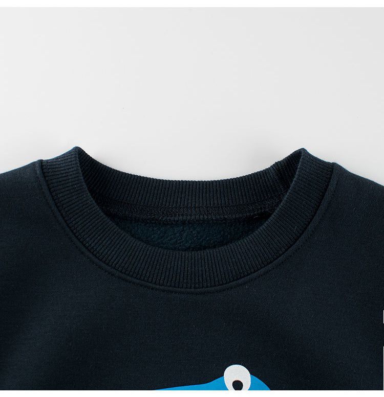 加絨棉質圓領長袖上衣/大學T-恐龍骨頭-深藍色