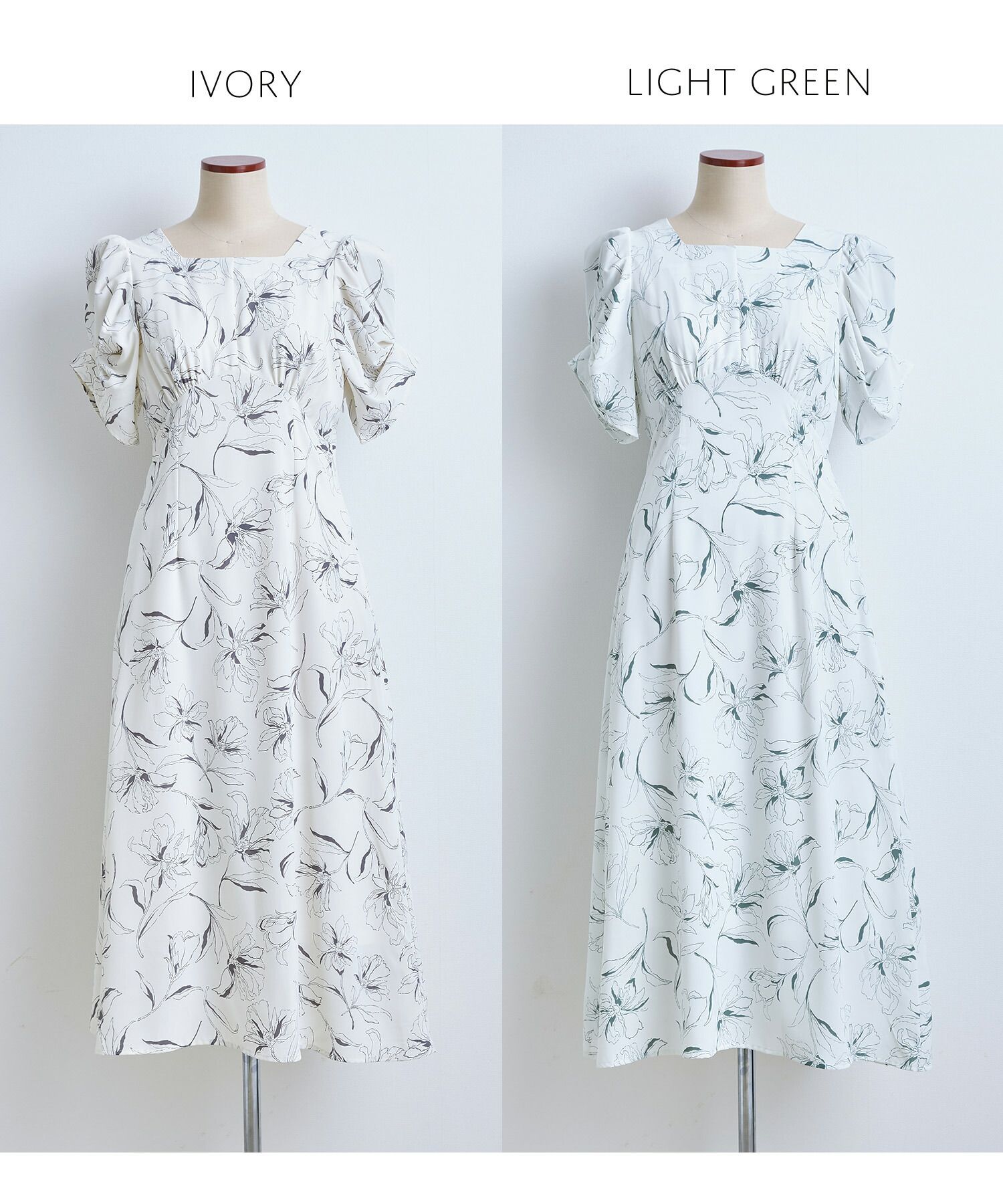 日本 tocco-closet - 典雅方領後綁帶泡泡袖洋裝-純潔百合-春芽綠