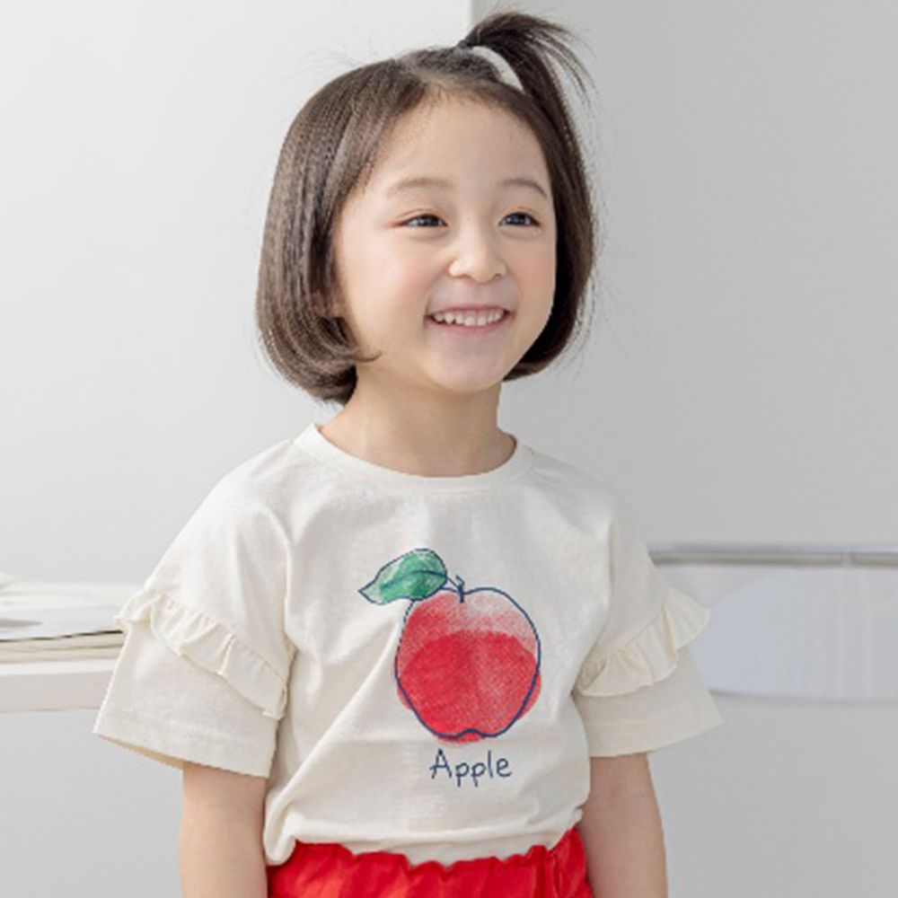 韓國 Orange Mom - 荷葉裝飾袖塗鴉蘋果T-淺黃