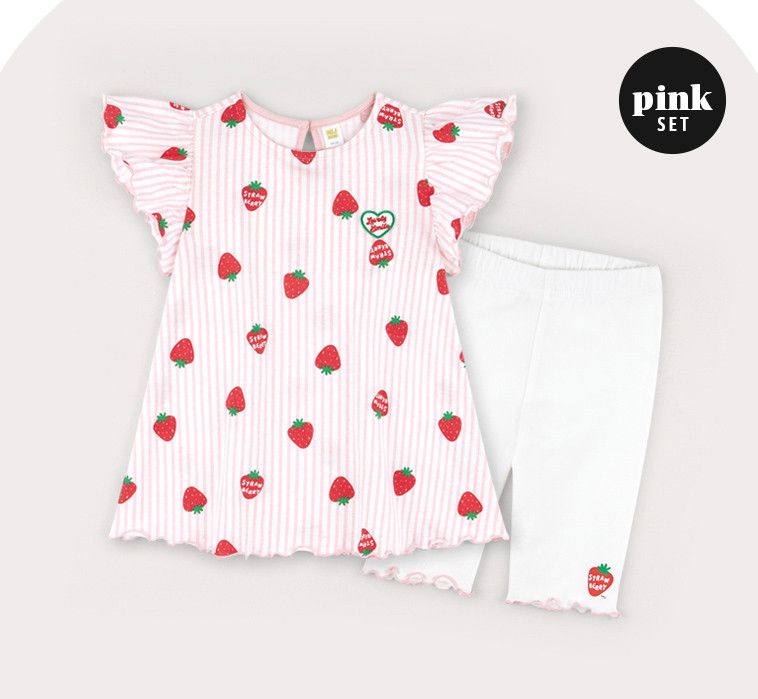 韓國 HEJMINI - 荷葉袖滿版草莓套裝-粉紅