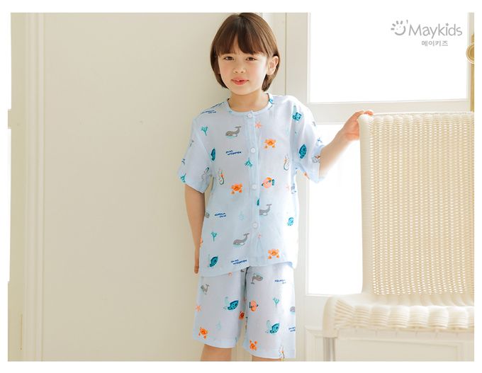 韓國 Maykids - 涼感嫘縈透氣短袖睡衣套裝-海洋世界-淺藍