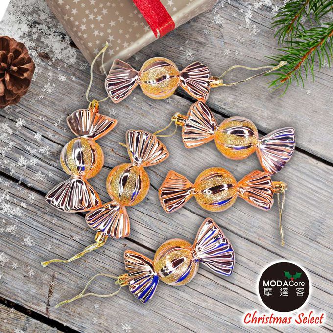 MODACore 摩達客 - 摩達客耶誕-11CM彩繪電鍍糖果6入吊飾組(金色系)聖誕樹裝飾球飾掛飾