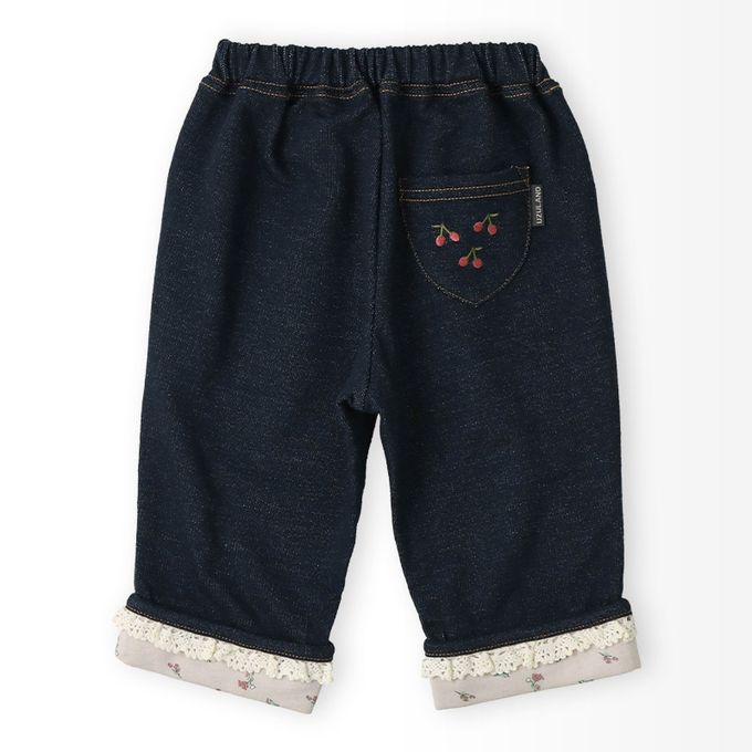 日本 ZOOLAND - 甜美荷葉花朵反摺七分褲-櫻桃刺繡-黑