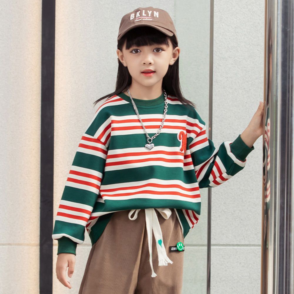 拼色條紋圓領長袖上衣-英文字母N-紅+米白+綠