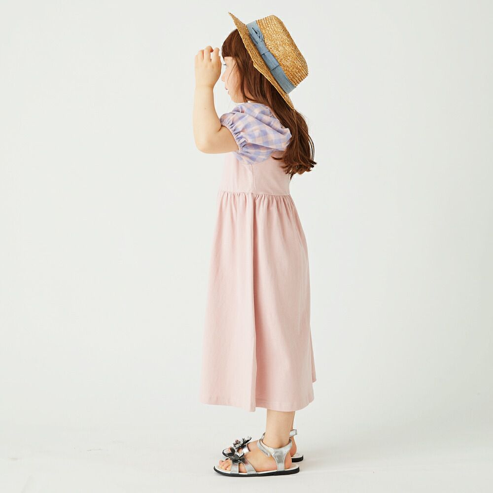 日本 evercloset - 溫柔方領格子袖長版洋裝-紫粉紅