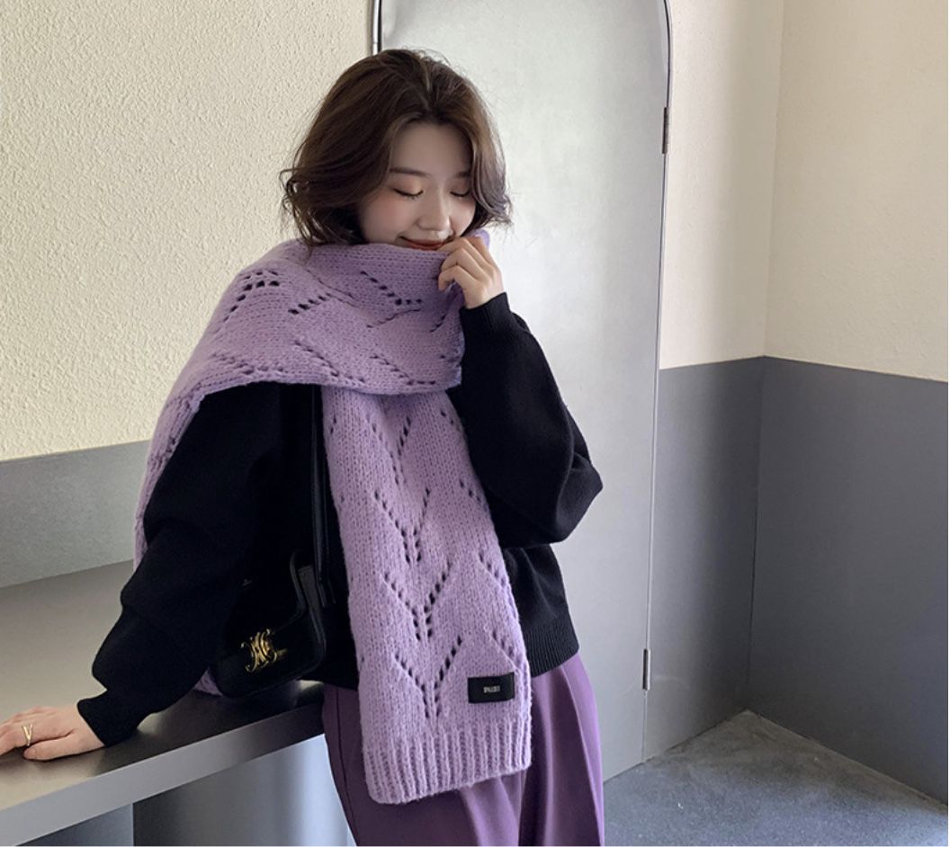 學院風純色針織毛線長版圍巾-紫-成人圍巾披肩-紫-175 x 35 cm