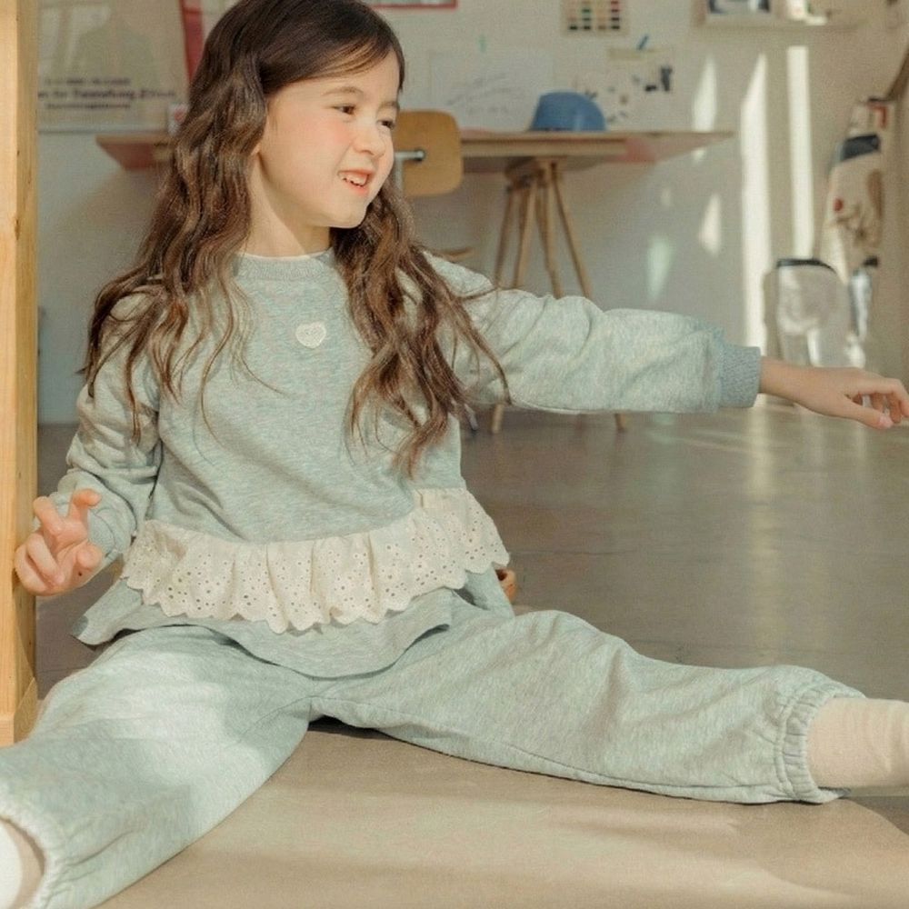 甜心鏤空蕾絲拼接休閒長袖套裝-灰