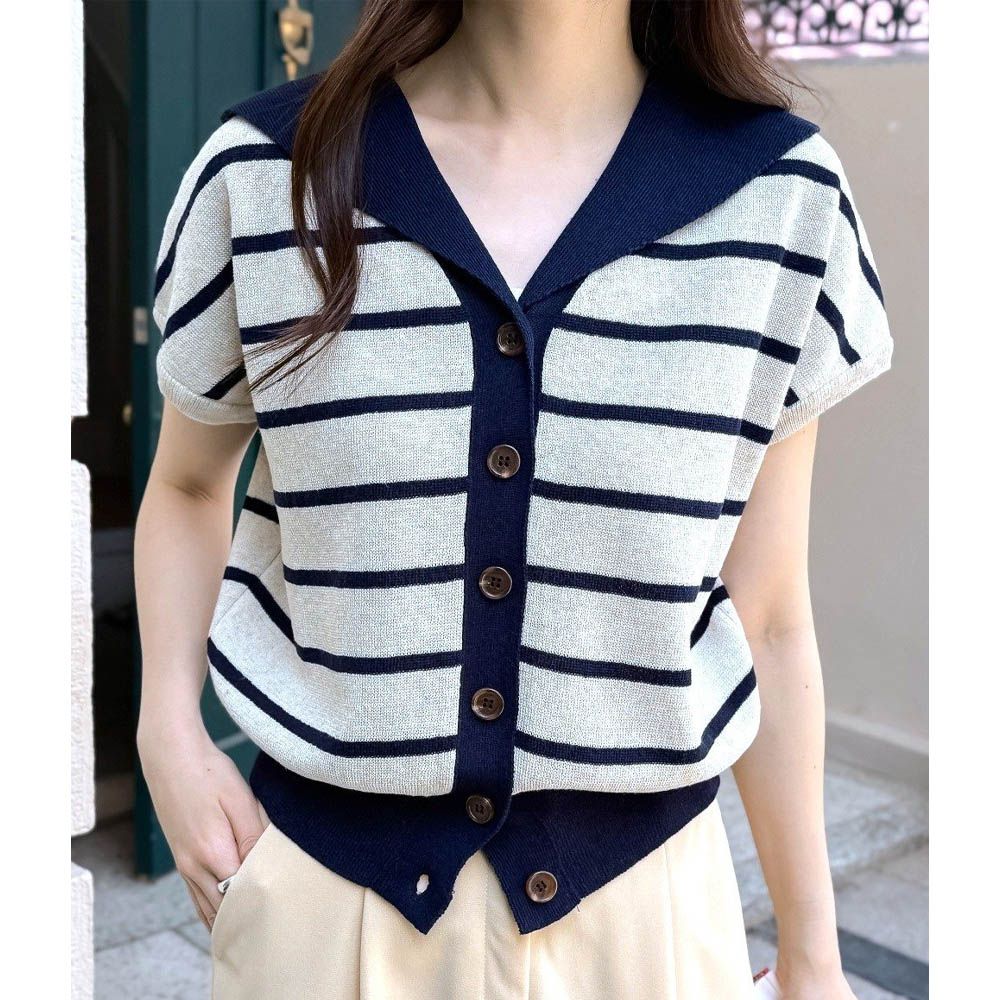 韓製 清爽棉麻排釦落肩短袖針織外套/上衣-條紋-海軍藍X米 (FREE)