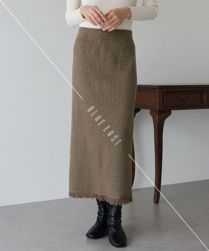 日本 BLUE EAST - 微閃亮羅紋針織流蘇開叉鉛筆裙-摩卡