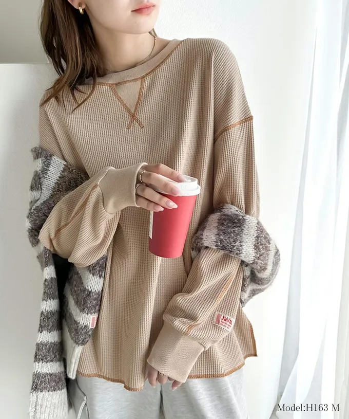 日本 Classical Elf - Java 華夫格車線薄長袖上衣-煙燻粉