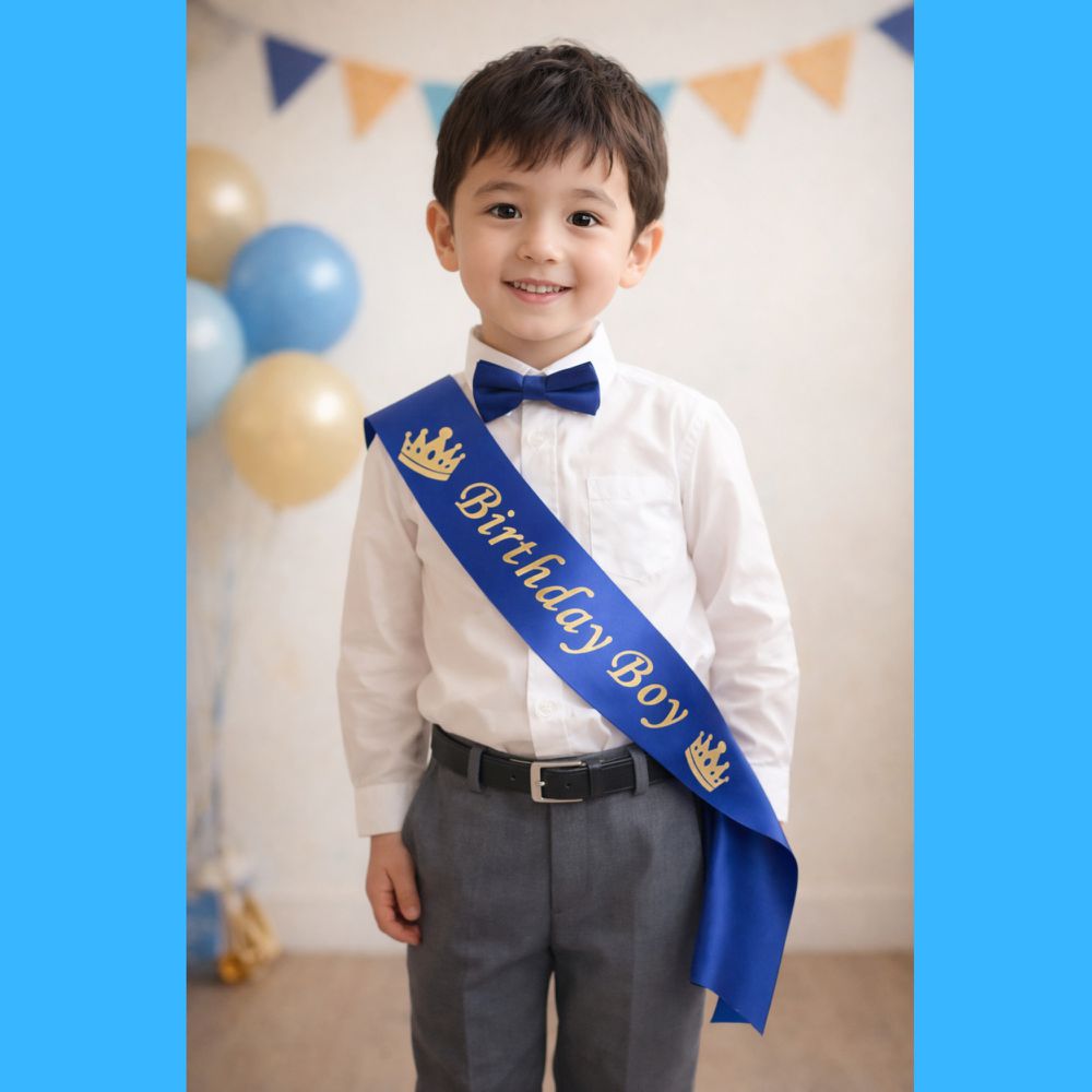 Birthday Boy 生日男孩慶生肩帶-藍色緞帶燙金字