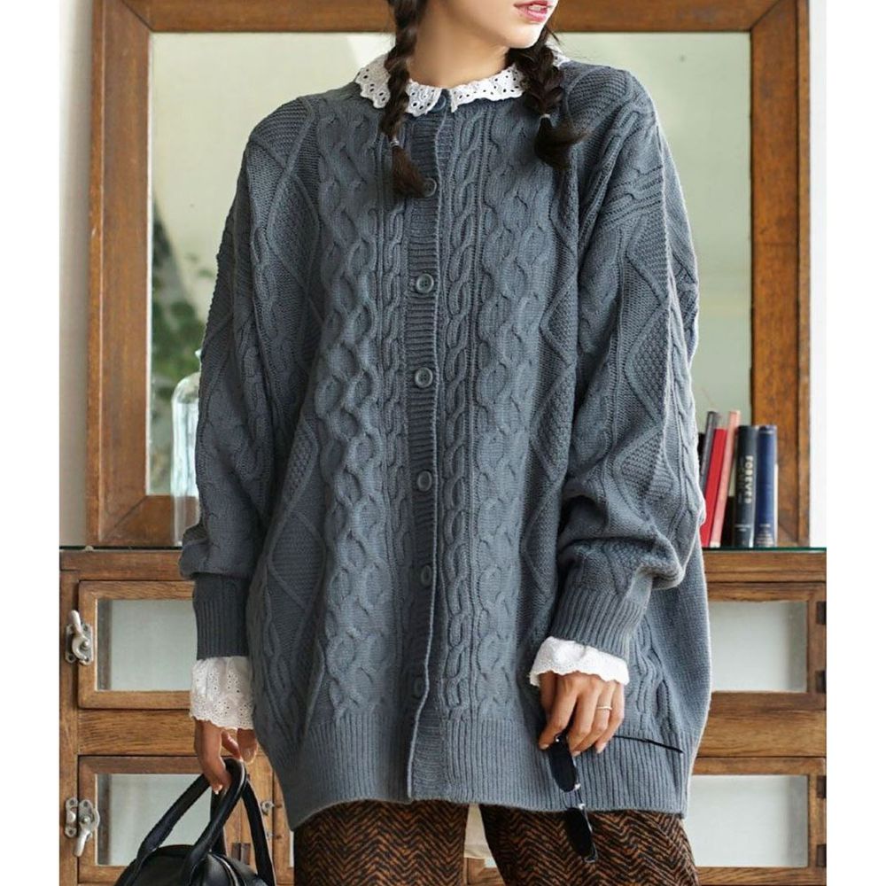 日本 zootie - 長版寬鬆圓領編織紋針織外套-灰藍