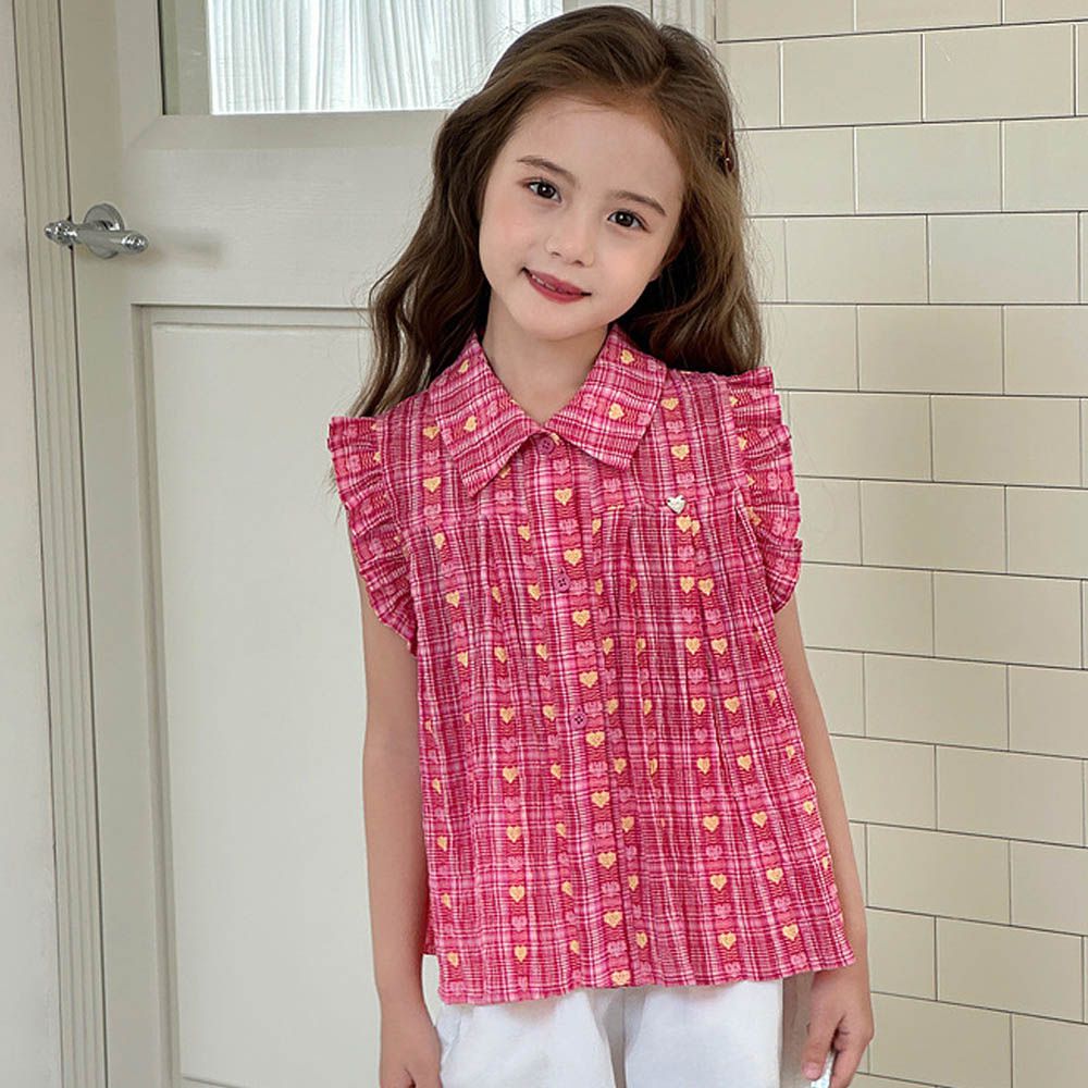 甜心翻領小飛袖上衣-愛心格子