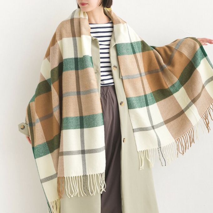 日本 OMNES - 羊毛混紡經典格紋圍巾披肩-H(米杏x深棕)