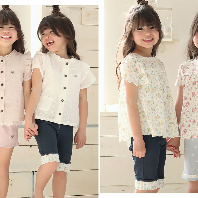 日本 ZOOLAND - 甜美花卉反摺短褲-海軍藍