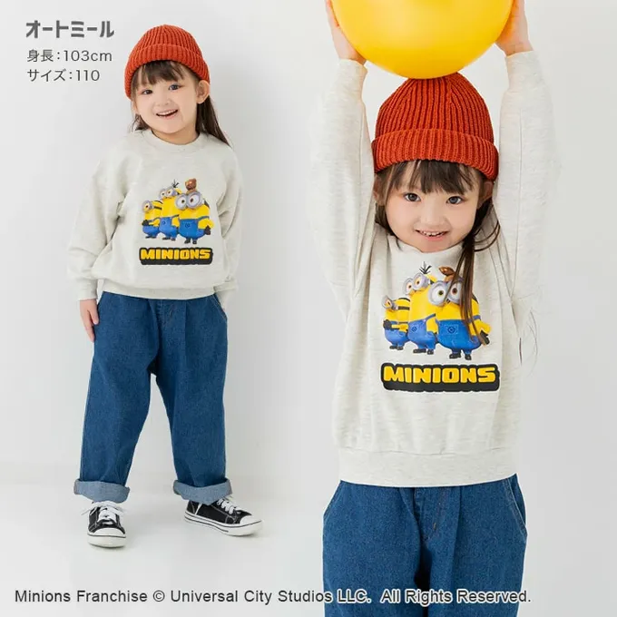 日本 Chil2 - 限量聯名 裏毛印花大學長袖上衣-卡通人物小小兵-三人組-燕麥