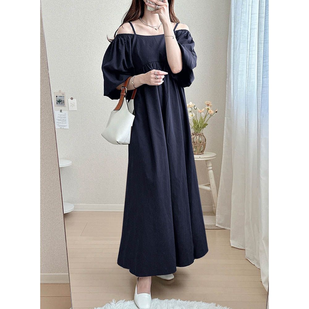 2WAY浪漫露肩收腰泡泡袖洋裝-深藍 (F)